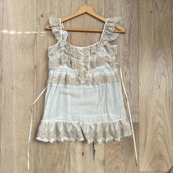 Free People Lace Tiered Top Romantic Boho Feminine Sheer Cream Ivory Sz 4 - Picture 10 of 11